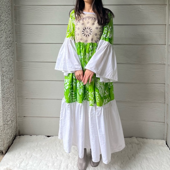 Handmade Wide Sleeves Maxi Bandana Dress SKU 11091 Green White - Picture 13 of 16